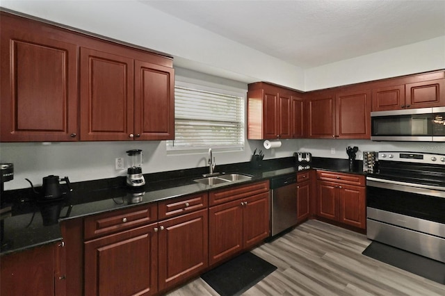 kitchen featuring sink, light wood-type flooring, and appliances with stainless steel finishes