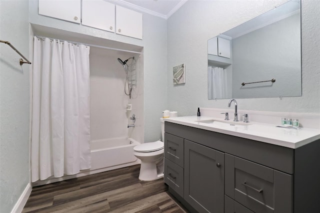 full bathroom featuring shower / bath combination with curtain, wood-type flooring, ornamental molding, and vanity