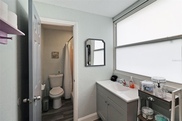 bathroom featuring a wealth of natural light, toilet, vanity, and hardwood / wood-style flooring