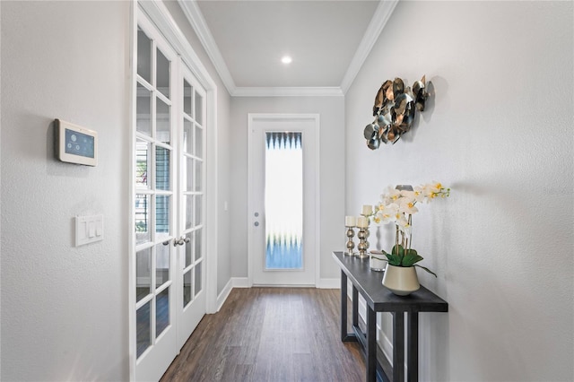 entryway featuring french doors, dark hardwood / wood-style floors, and ornamental molding