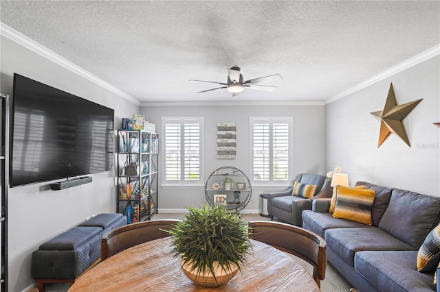 living room featuring a textured ceiling, ceiling fan, and crown molding