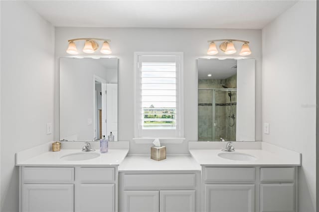 bathroom with a shower with door and vanity