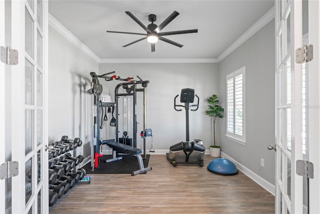 workout room featuring ceiling fan, hardwood / wood-style floors, and crown molding