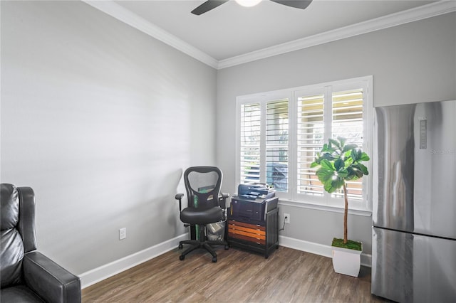 office area featuring ceiling fan, ornamental molding, and dark wood-type flooring