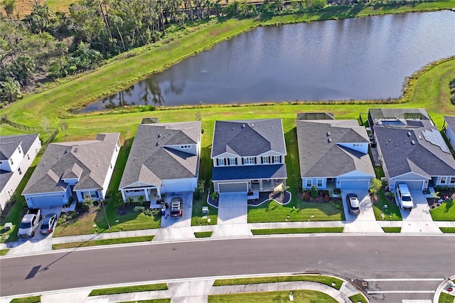 bird's eye view with a water view