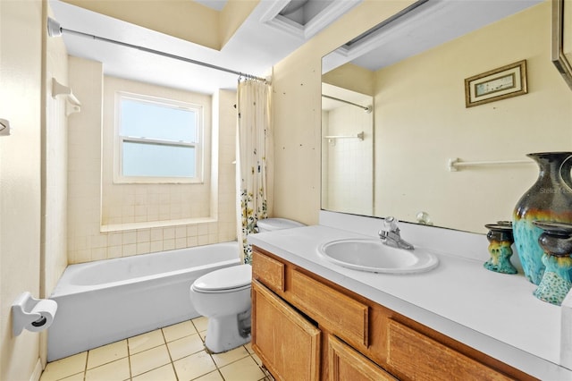 full bathroom with toilet, shower / tub combo, vanity, and tile patterned floors