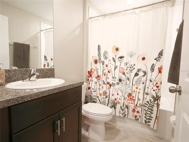 full bathroom with toilet, vanity, and shower / tub combo with curtain