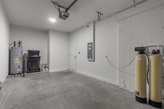 garage featuring electric panel, a garage door opener, and water heater