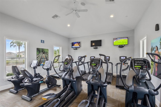 workout area with ceiling fan, plenty of natural light, and vaulted ceiling