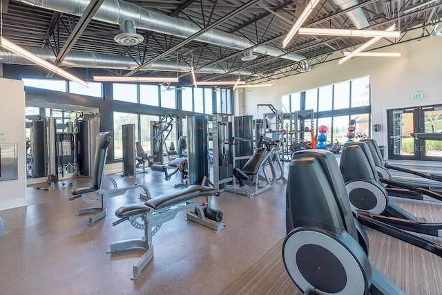 exercise room with a towering ceiling