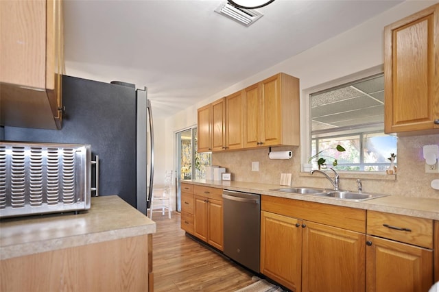 kitchen featuring light wood-type flooring, stainless steel dishwasher, tasteful backsplash, and sink