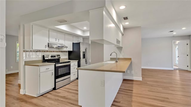 kitchen featuring kitchen peninsula, stainless steel appliances, white cabinetry, and sink