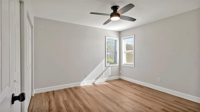 unfurnished bedroom with light hardwood / wood-style flooring and ceiling fan