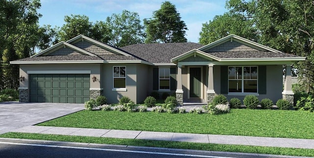 craftsman inspired home featuring a porch, a garage, and a front yard