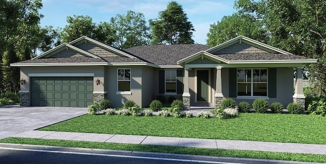 142 Fairway Rd, Rotonda West, FL 33947 - craftsman-style home featuring stone siding, stucco siding, a garage, and a front yard