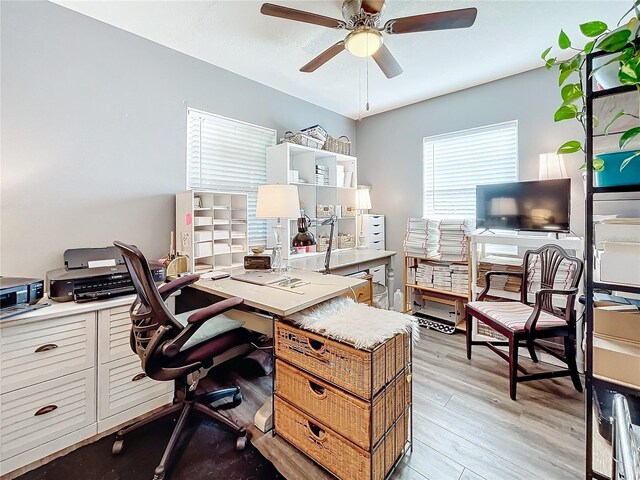 office area featuring light wood-type flooring and ceiling fan