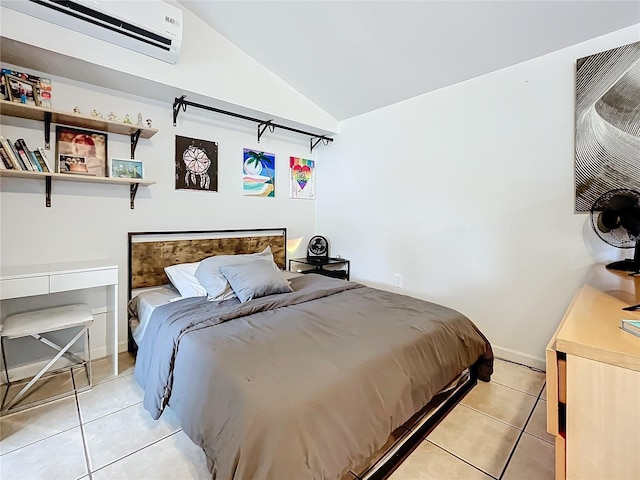 tiled bedroom featuring vaulted ceiling and an AC wall unit