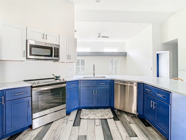 kitchen featuring blue cabinets, sink, light hardwood / wood-style floors, and appliances with stainless steel finishes