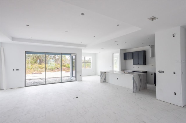 unfurnished living room with a raised ceiling