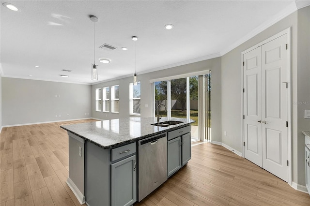 kitchen featuring a center island with sink, dishwasher, a healthy amount of sunlight, and sink