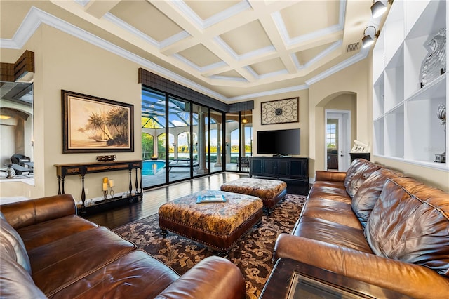 living room with dark hardwood / wood-style floors, ornamental molding, beamed ceiling, and coffered ceiling