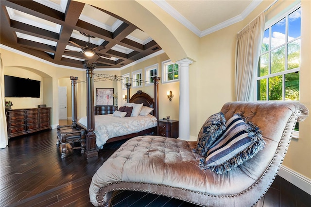 bedroom featuring dark hardwood / wood-style flooring, ornamental molding, ornate columns, and coffered ceiling