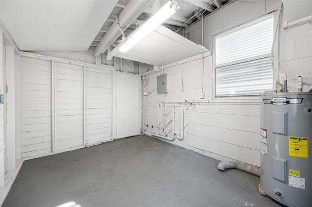 basement with electric panel and water heater