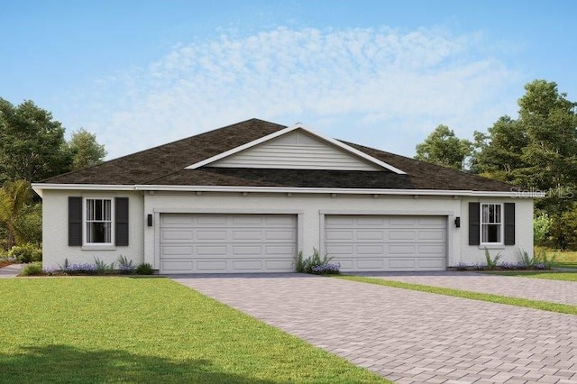 ranch-style house featuring a garage and a front lawn