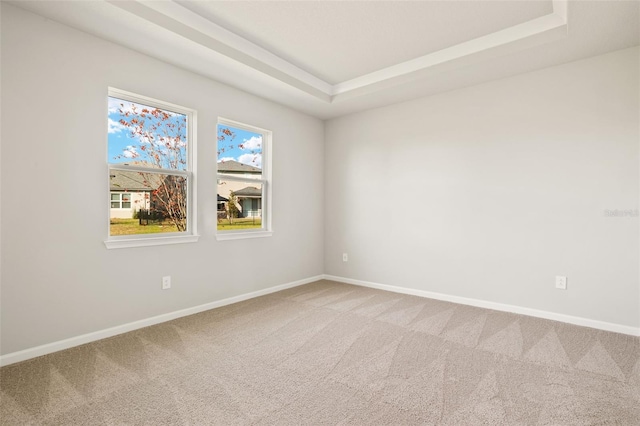 carpeted empty room featuring a raised ceiling