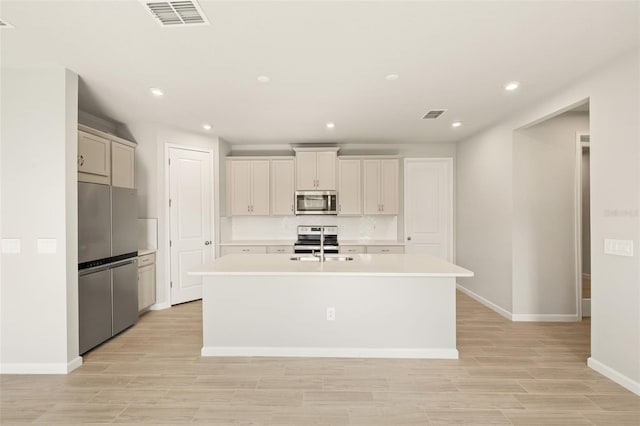 kitchen featuring appliances with stainless steel finishes, a kitchen island with sink, sink, and decorative backsplash