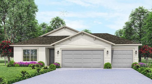 ranch-style home featuring roof with shingles, concrete driveway, board and batten siding, and an attached garage