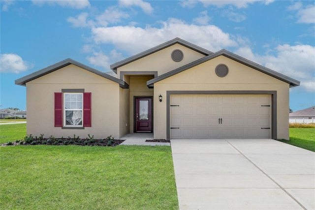 ranch-style house with a front yard and a garage