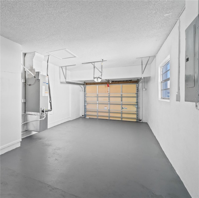 garage with electric panel, a garage door opener, and heating unit