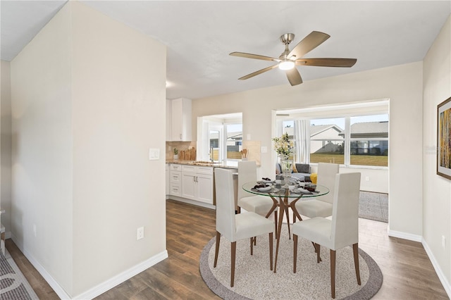 dining area featuring dark hardwood / wood-style floors, ceiling fan, and sink