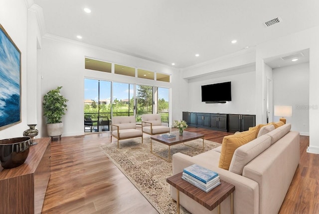 living room featuring ornamental molding and light hardwood / wood-style flooring