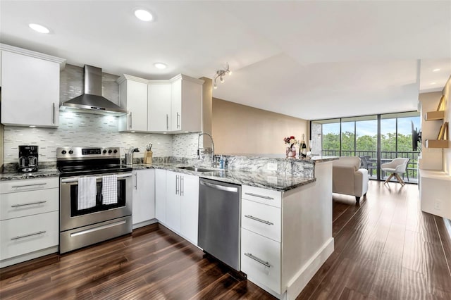 kitchen featuring sink, stainless steel appliances, wall chimney range hood, dark hardwood / wood-style flooring, and kitchen peninsula