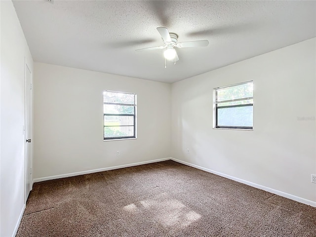 carpeted empty room featuring a wealth of natural light, ceiling fan, and a textured ceiling