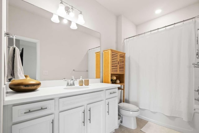 full bathroom with vanity, toilet, and shower / bathtub combination with curtain