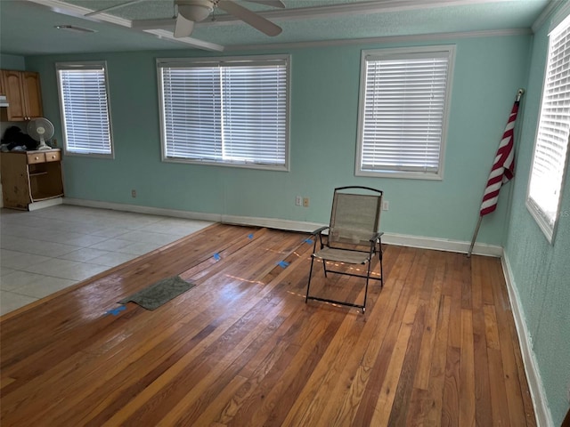 unfurnished room with ceiling fan, light hardwood / wood-style floors, and a healthy amount of sunlight