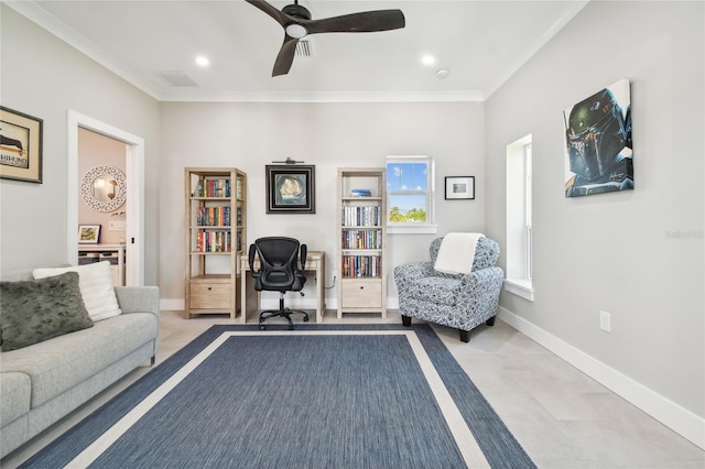 interior space featuring crown molding and ceiling fan