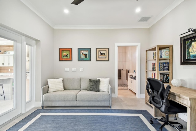 office area featuring crown molding