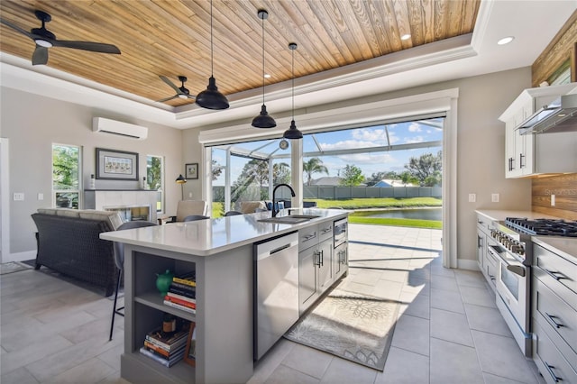 kitchen with white cabinetry, a wall mounted AC, an island with sink, a tray ceiling, and appliances with stainless steel finishes