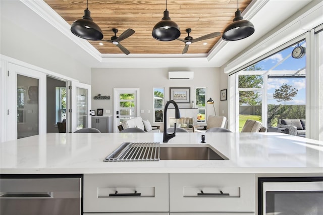 kitchen featuring a wall mounted air conditioner, pendant lighting, and wood ceiling