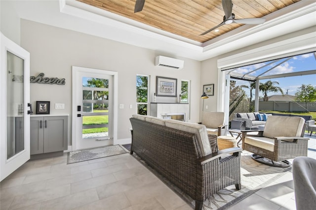 tiled living room with a wall mounted air conditioner, a raised ceiling, ceiling fan, and wood ceiling