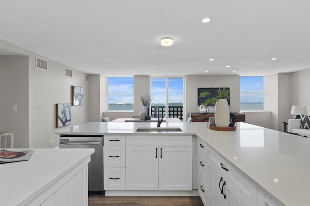 kitchen with white cabinets, dishwasher, dark hardwood / wood-style flooring, and sink