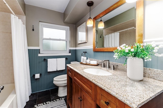 full bathroom with vanity, tile patterned floors, shower / bath combination with curtain, and toilet