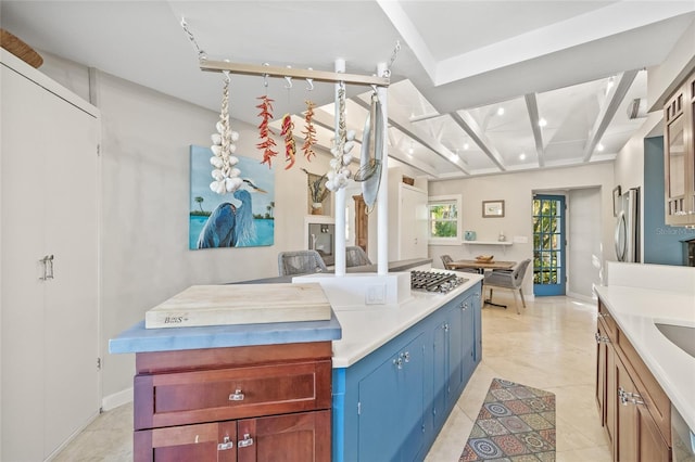 kitchen featuring stainless steel fridge and light tile patterned flooring