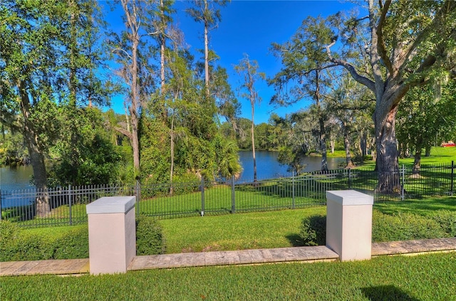 view of community featuring a yard and a water view