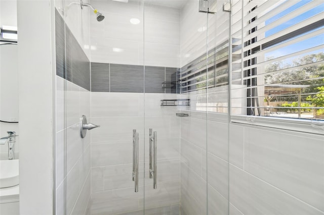 bathroom with a shower with shower door