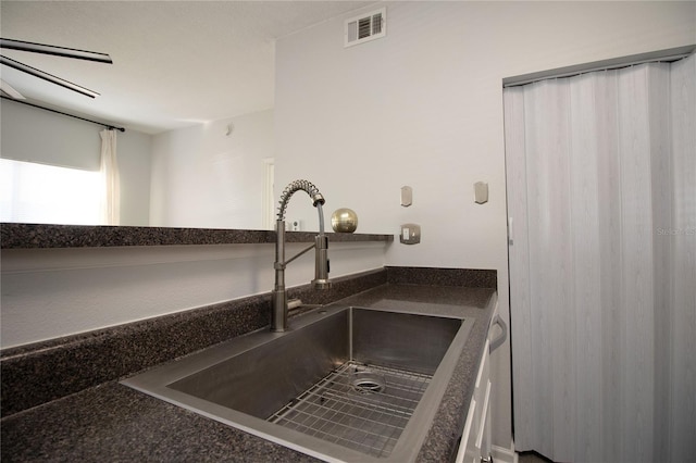 interior details featuring dark countertops, a sink, and visible vents